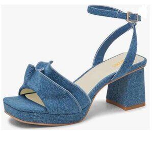 Pazzion Blue Platform Square Toe Pleated Ruffle Sandals Chunky High Heels Shoes